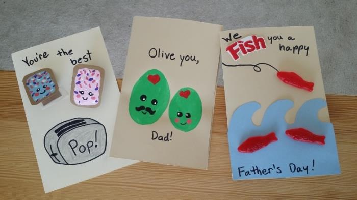 fars dag aktivitet, DIY kortmallar för pappa, exempel på ett handgjort kort med enkla teckningar och målningar