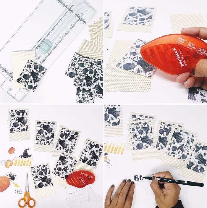 diy kort glad halloween bladpapper scrapbooking mönster häxa vita och svarta höstklistermärken pumpa lim sax