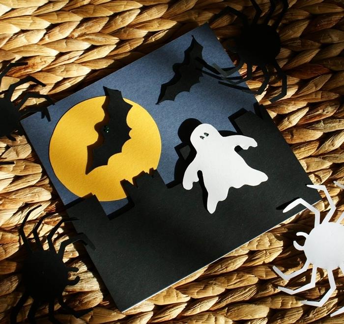 diy kortpapper svart silhuett nattlandskap manuell aktivitet halloween fullmånepapper gult fladdermuspapper