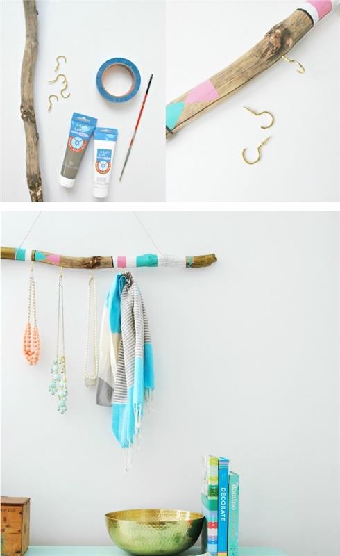 DIY -lagring för att göra dig själv, drivvedhandledning, trägrenar dekorerade med färgglada mönster med krokar för att hänga tillbehör, halsduk i halsduk