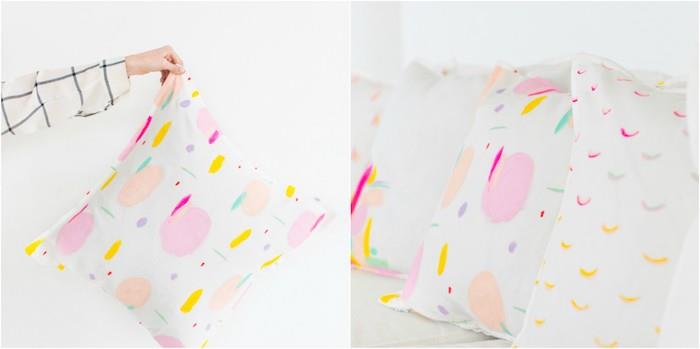 DIY sovrumsinredning, färgglada örngott med textilfärg för dina dekorativa kuddar, olika färgglada mönster