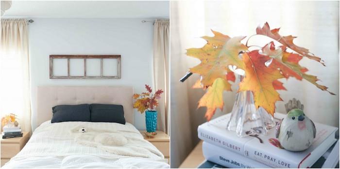 DIY sovrumsinredning på hösten, vas fylld med fallna löv, dekorativ skala som sänggavel