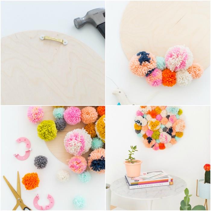 DIY sovrum inredning idé färgglada pom poms limmade på ett träställ, skärbräda, enkel DIY väggdekoration
