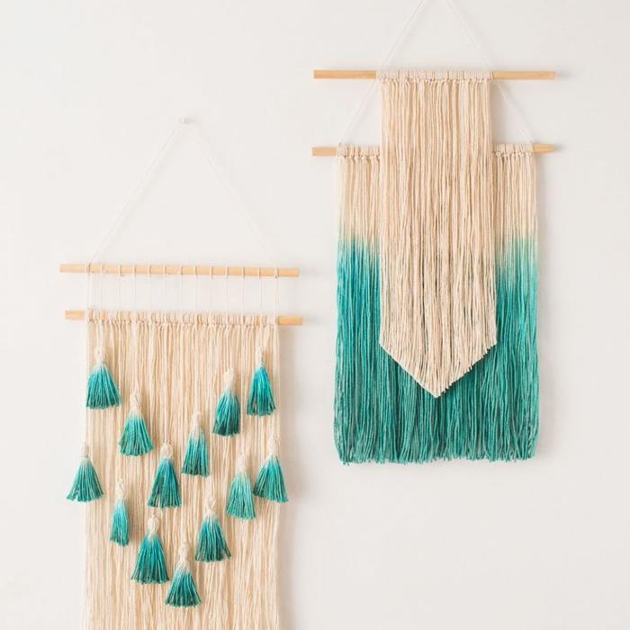 manuálna aktivita pre dospelých, dekorácia steny macrame na ozdobenie steny, efekt ombre, ľahký geniálny nápad urob si sám
