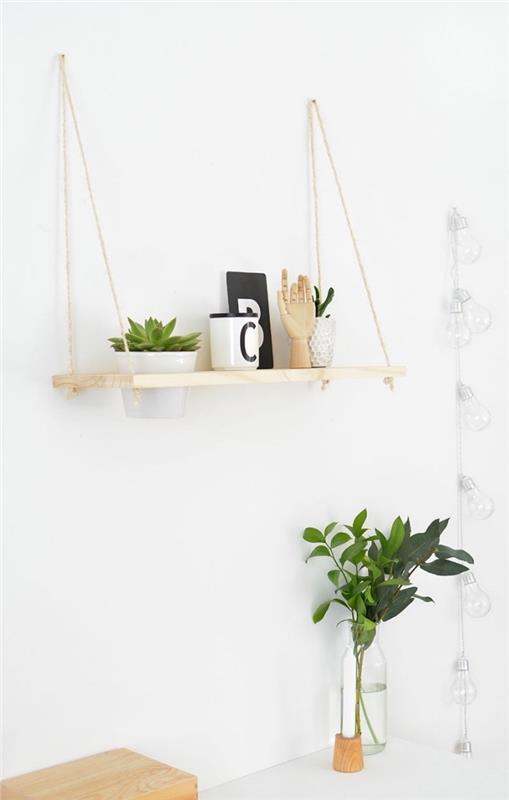 hemmakontor dekoration minimalistisk anda i vitt och trä, DIY blomkrukthållare idé i trä och rep