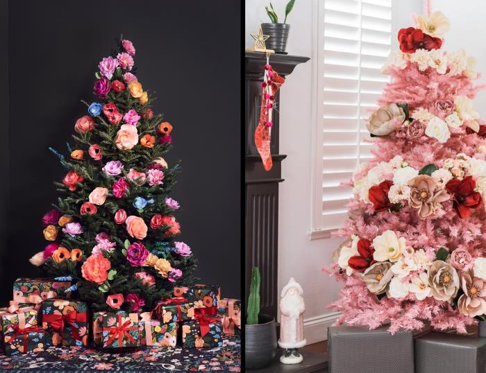 Julgranstrend 2019 med pappersblommedekoration, konstgjord trädmodell med rosa grenar med vita och röda blommor