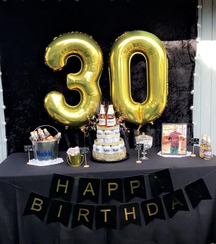 hur man dekorerar ett festbord för en 30 -årig mans födelsedag, 30 -årig man födelsedag med dekoration i svart och guld