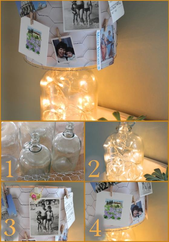 kreativ aktivitet, vad man ska göra med foton, DIY -projekt med familjefoton, lampa med ljus krans