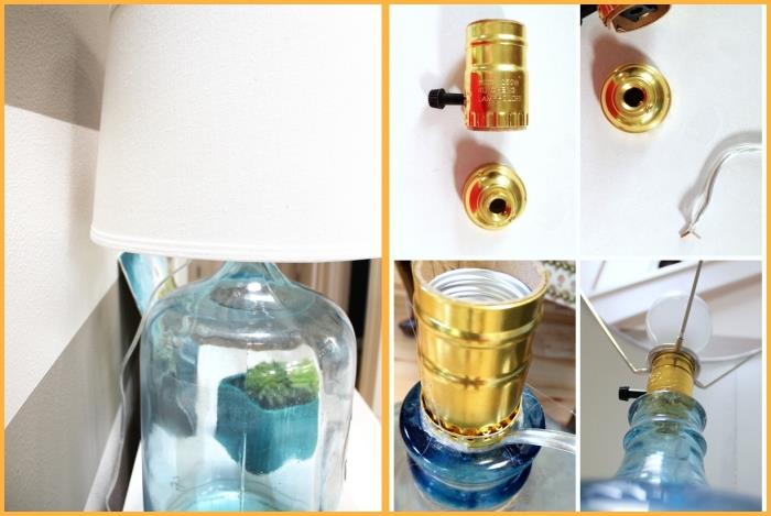 DIY -idé, steg att följa för att göra en sänglampa, blå glasburk och vit lampa