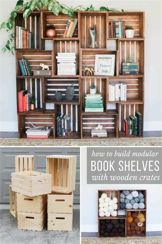 ľahký a lacný model domácej knižnice, ako vytvoriť knižnicu z prepraviek z recyklovaného dreva