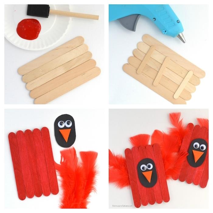 DIY tutoriál so zmrzlinovými tyčinkami na výrobu mláďaťa s krídlami z červeného peria, oranžovým papierovým zobákom a krutými očami