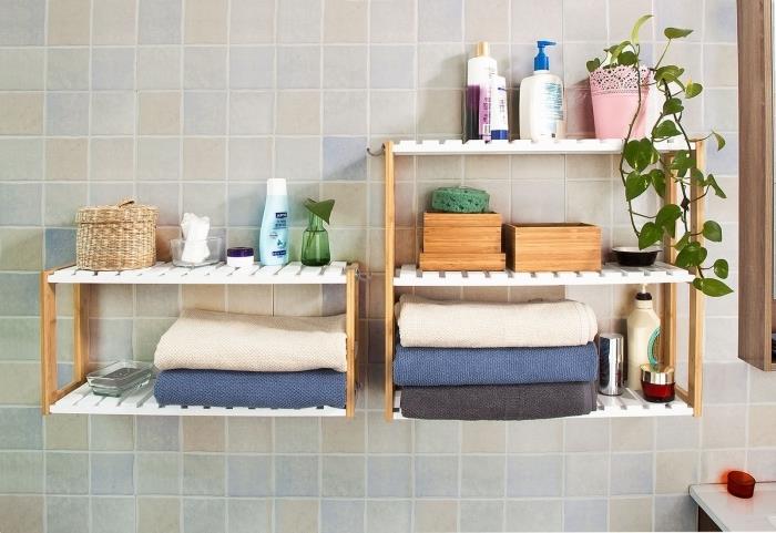 DIY trä badrum badrum hylla handduk förvaring vägg bad vägg dekor växter