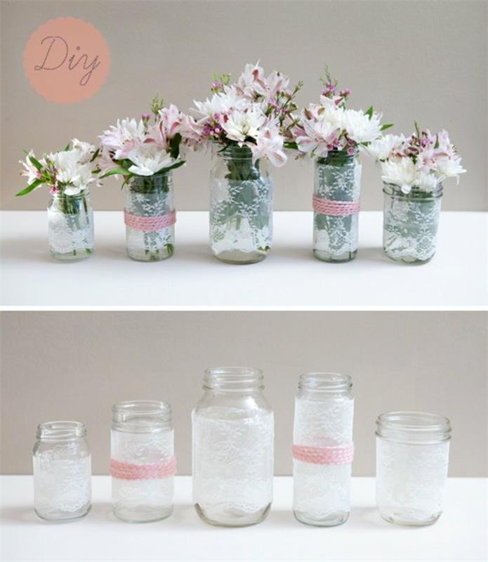 anpassad glasburk med vit spets och rosa ullband, blomsterbuketter, romantisk bröllopsdeko -idé