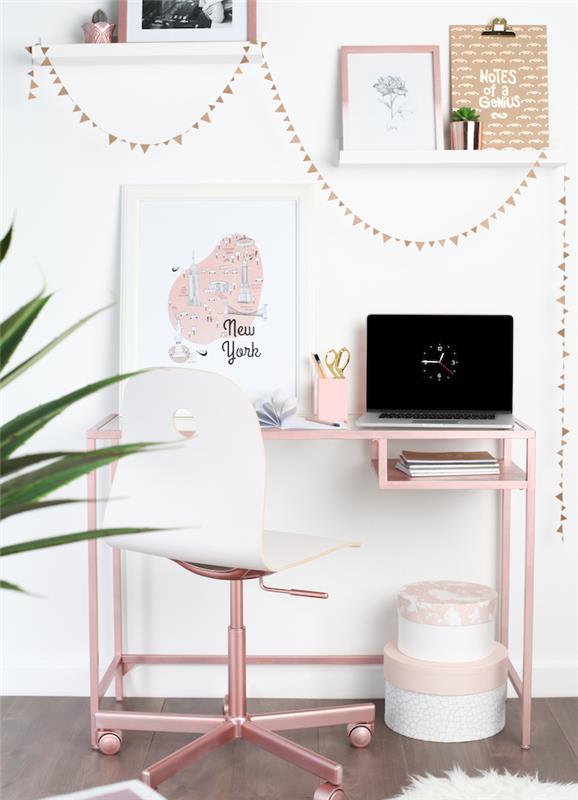 Ružová a sivá spálňa, akú farbu spojiť s práškovo ružovou jednoduchou kancelárskou výzdobou