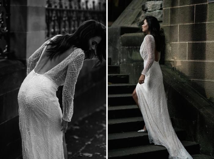 bröllopsklänning 2018 2019, vit långklänningsmodell med rund öppen rygg och transparenta ärmar med mousserande effekt