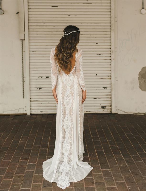 vilken land brudklänning 2019, modell av lång vit klänning med transparent effekt med spetsmönster