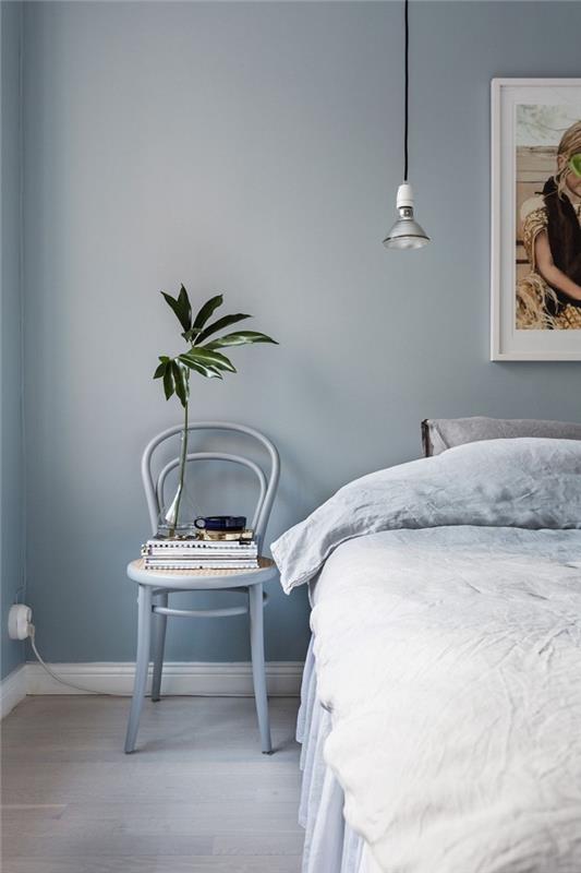 minimalistisk stil vuxen sovrum färg idé, sovrum dekoration med pastellväggar, pastellblå väggfärg