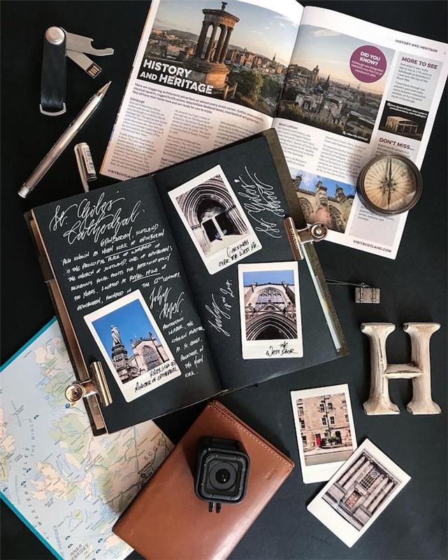Skapa ett scrapbookingalbum, hur man gör en diy albumbok, gopro -kamera, tidning med foto av edinburgh