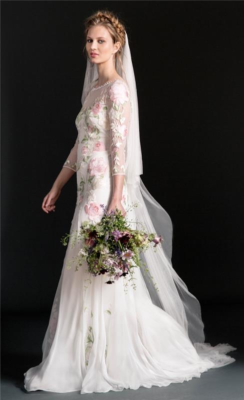 فكرة فستان زفاف ريفي برقبة عالية شفافة وزهور مطرزة ملونة ، تسريحة شعر بوهيمية في تاج مجدول