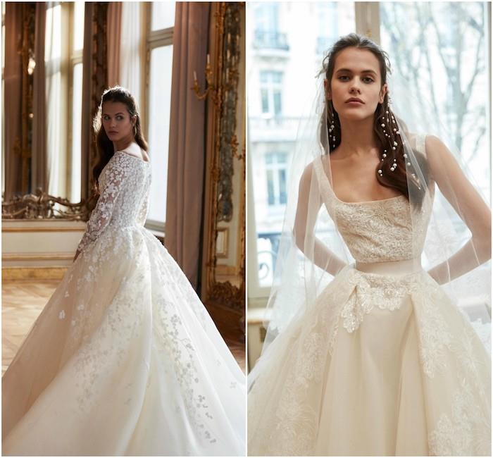 مجموعة إيلي صعب لربيع 2019 ، فستان زفاف بدانتيل وتنورة بقصّة أميرة مع عناصر زهرية