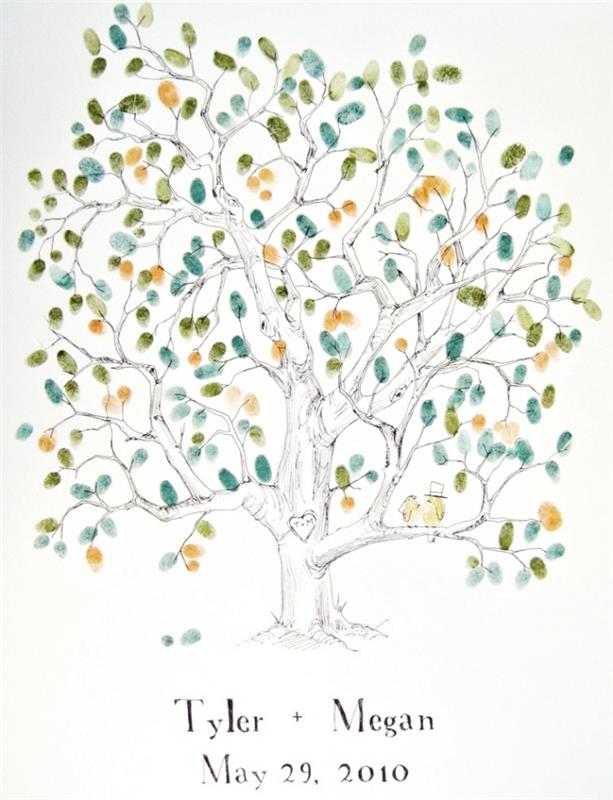 نموذج شجرة يرمز إلى الحب والعائلة بأوراق الشجر المصنوعة من آثار أقدام ضيوف حفل الزفاف