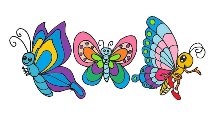 ثلاث فراشات طفل يرسم ملونة ، كيفية رسم فراشة ، رسم حيوان بسيط