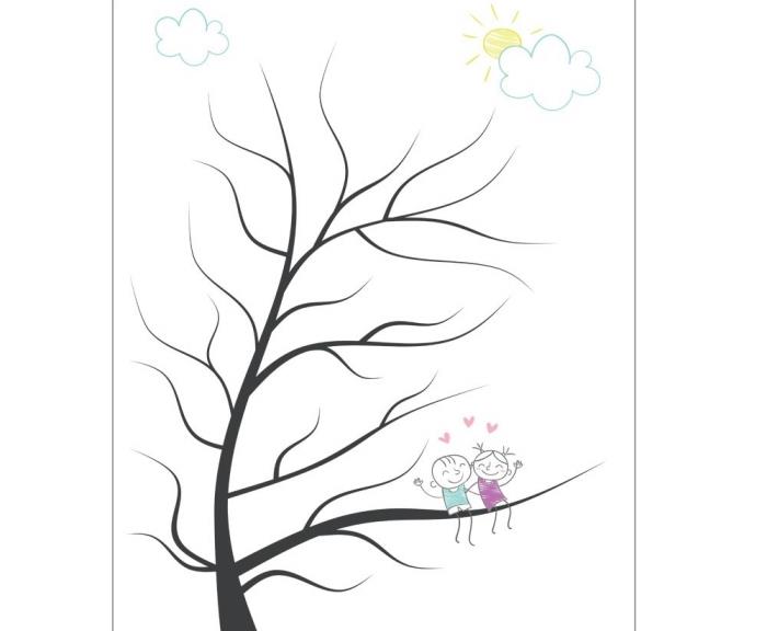 عقل الطفل الرسم مع شجرة بدون أوراق واثنين من الأطفال في حالة حب وسعادة تحت السماء المشمسة
