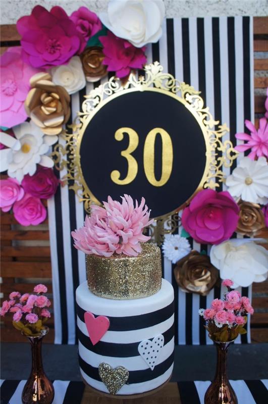 30 års jubileumsidé utomhus, hur man organiserar en trädgårdsfest med dekoration i rosa, svarta och guldfärger