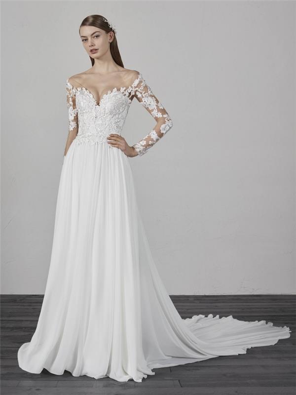 bohemian chic long train wedding dress exempel, bridal couture 2019 trend, off shoulder white dress pattern