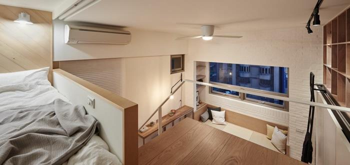 medziposchodia, drevená a biela dekorácia, lampa s ventilátorom, praktické malé medziposchodie