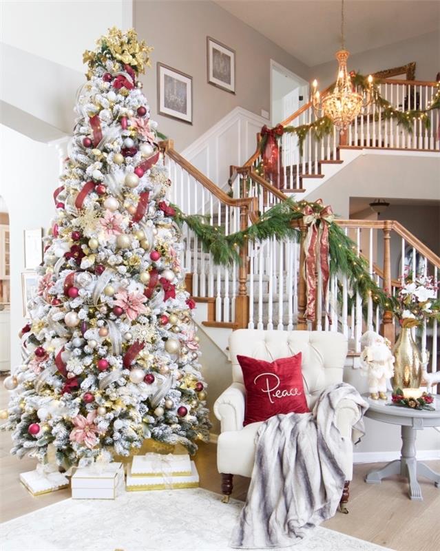 exempel hur man dekorerar en falsk julgran med vita grenar med prydnader i röda och metalliska färger