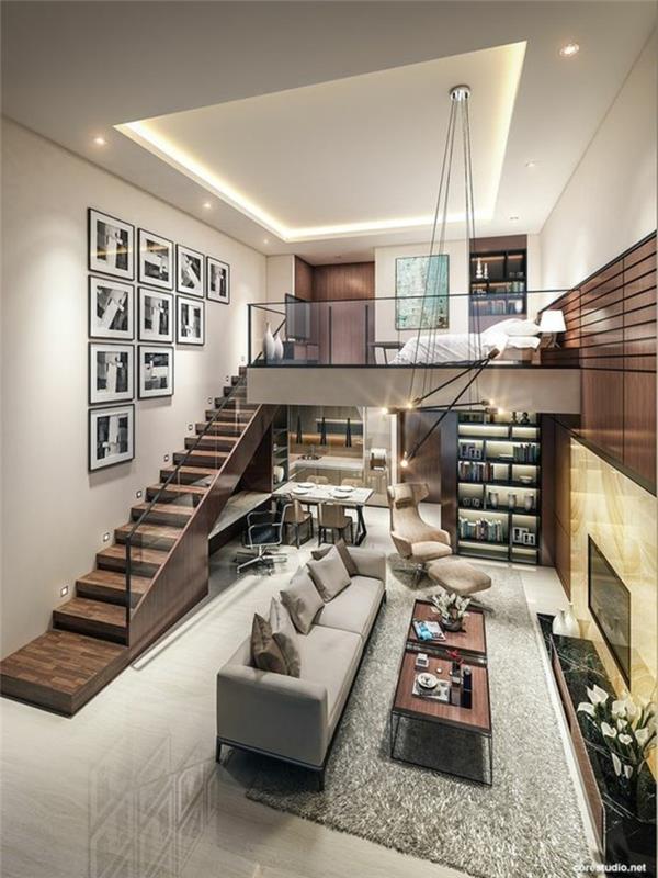 mezanínové schodisko, spálňa nad obývacou izbou, pôsobivý dizajn
