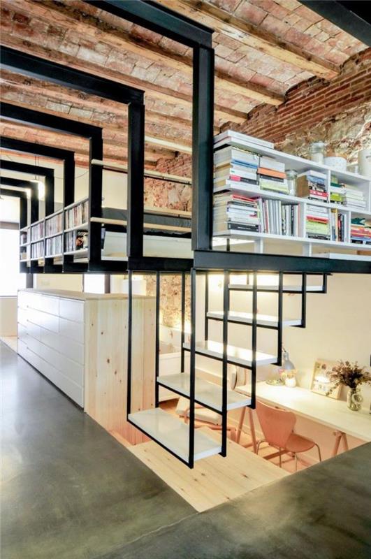 hängande-trappa-design-i-en-industri-loft-deco-järn-och-exponerade-balkar