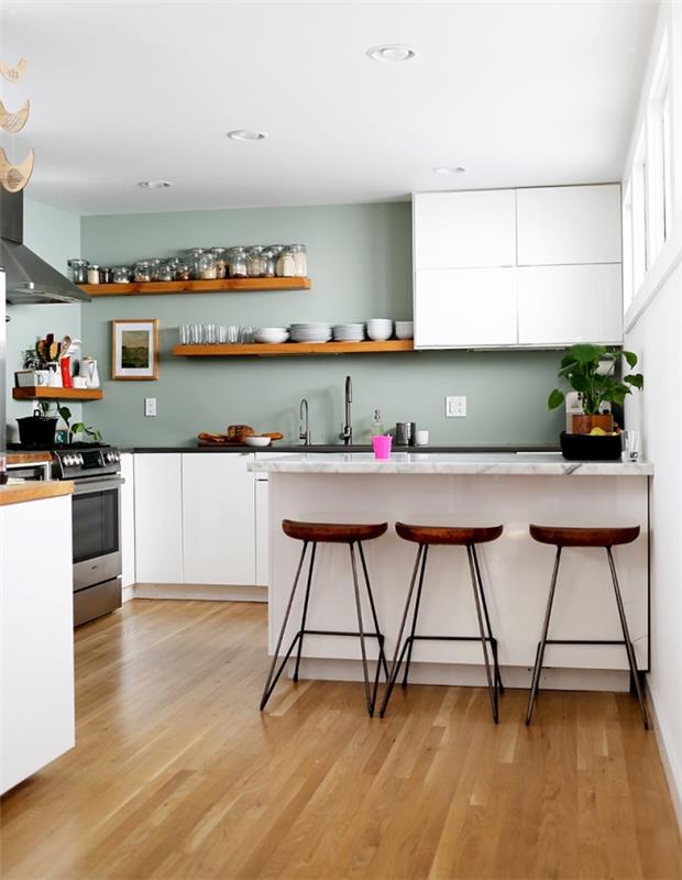 فكرة عن كيفية تزيين المطبخ بجدران الظل الأخضر السيلادون مع أثاث أبيض ولمسات من الخشب الداكن