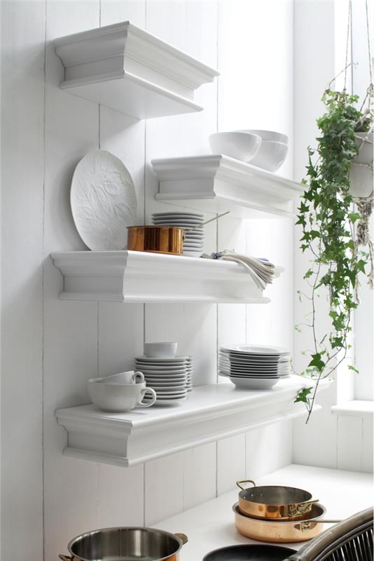 أفكار لخزائن المطبخ ، أفكار تخزين المطبخ ، خزائن المطبخ ، أرفف بيضاء على الطراز الباروكي ، جدران بيضاء