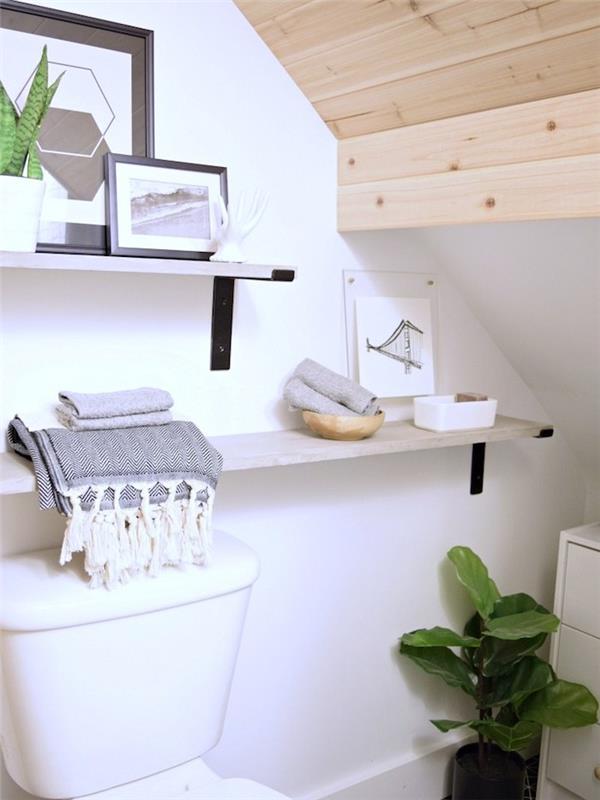 kúpeľňa s úložným priestorom nad WC, blond drevený strop, biele WC, ozdobné rámy a rastliny