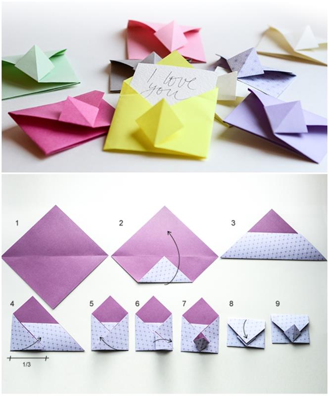 ľahké skladanie papiera z malej origami obálky vo vitamínovej farbe, ideálne na vloženie sladkej poznámky