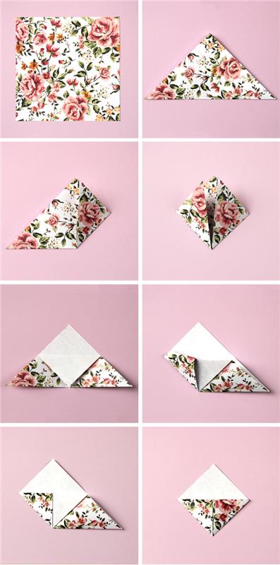 kroky skladania jednoduchej záložky origami z pekného papiera s vintage vzormi