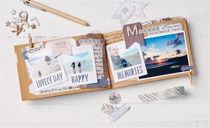 Enkel anteckningsbok att göra, scrapbooking fotoalbum med foton på stranden, polaroid foto surfare, hur man gör en personlig bok