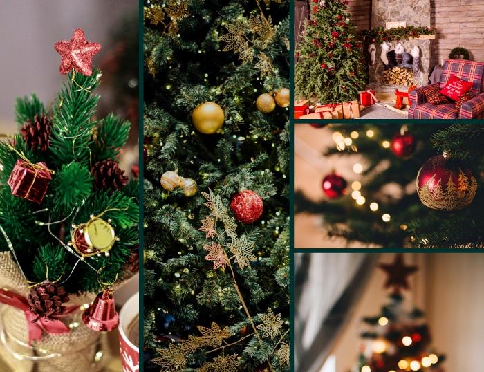 klassisk trendig julgransdekoration, miniträd dekorerat med röd glitterstjärna och små tallkottar