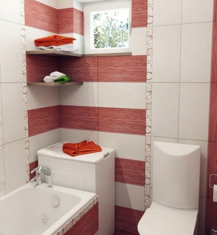 malá biela rohová kúpeľňová skrinka, červeno -biele obklady do kúpelne, malá vaňa a biele wc