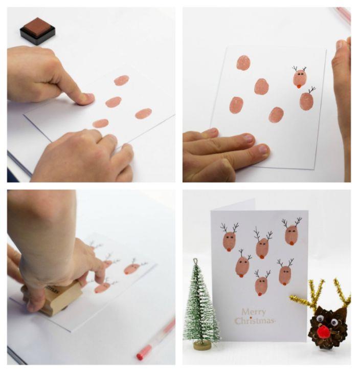 مثال بطاقة عيد الميلاد لجعل بصمات الأصابع سهلة الطلاء البني عيون الأنف الأحمر والقرون السوداء