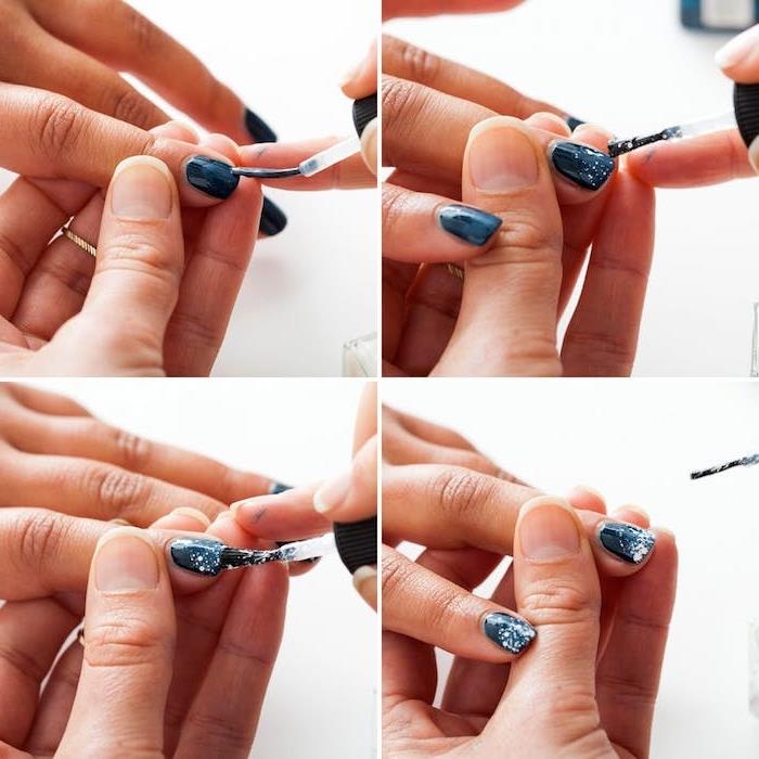 Vianočný model nail art, ktorý si urobíte sami, modré nechty a biely trblietavý lak