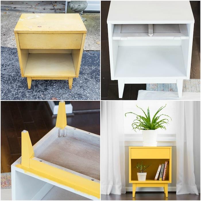 nápad, ako prispôsobiť skrinku žltou farbou, malý sklad so zásuvkou na knihy a rastliny