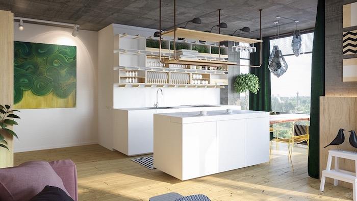 köksmodeller, exempel på ett vitt kök i industriell stil med vit centralö, ljus parkett, öppna hyllor, tak i betongeffekt