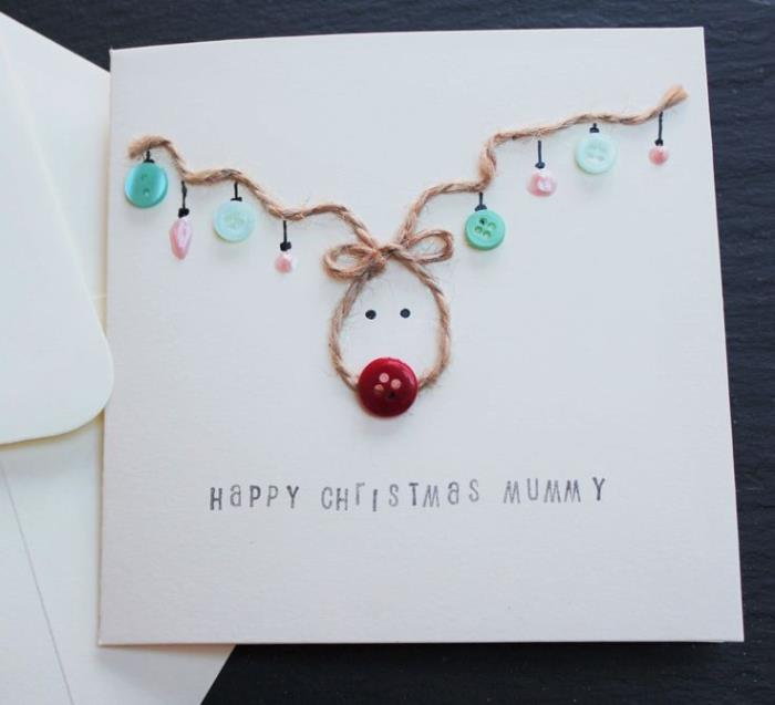 مثال على بطاقة عيد الميلاد لجعل رودولف الرنة مع الأنف الأحمر مع زخرفة الأزرار وأحجار الراين الملونة الصغيرة