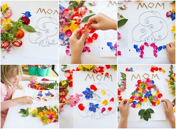 nápad na deň matiek v materskej škole, silueta ženy s vlasmi v prírodných lupeňoch kvetov,