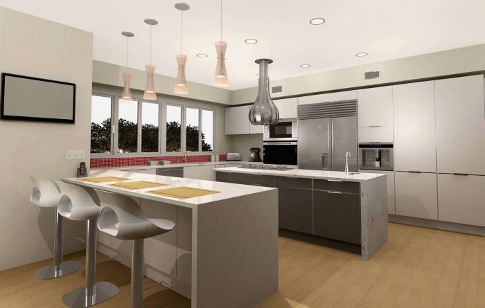 moderný model kuchyne v bielej a šedej farbe, príklad dlhej kuchyne s dvoma ostrovmi, nápad na rozloženie kuchyne
