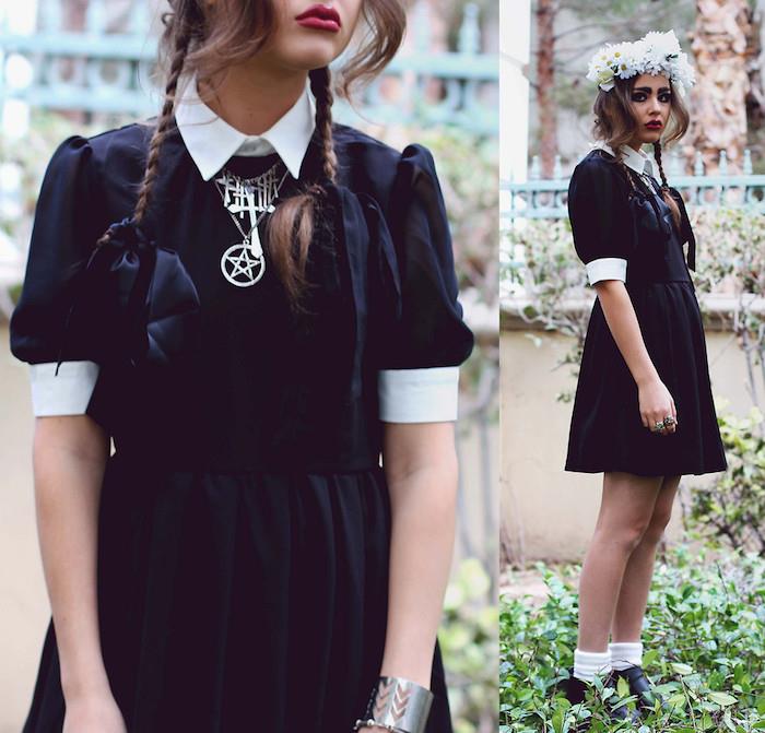svart klänning med vit krage och ärmar, wicca -halsband, flickhårshår och vit blomkrona, mörk smink