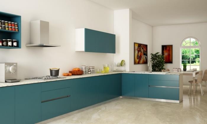 model priestrannej kuchyne, príklad bielej otvorenej kuchyne so zeleným nábytkom, nápad na kuchyňu v tvare písmena L.